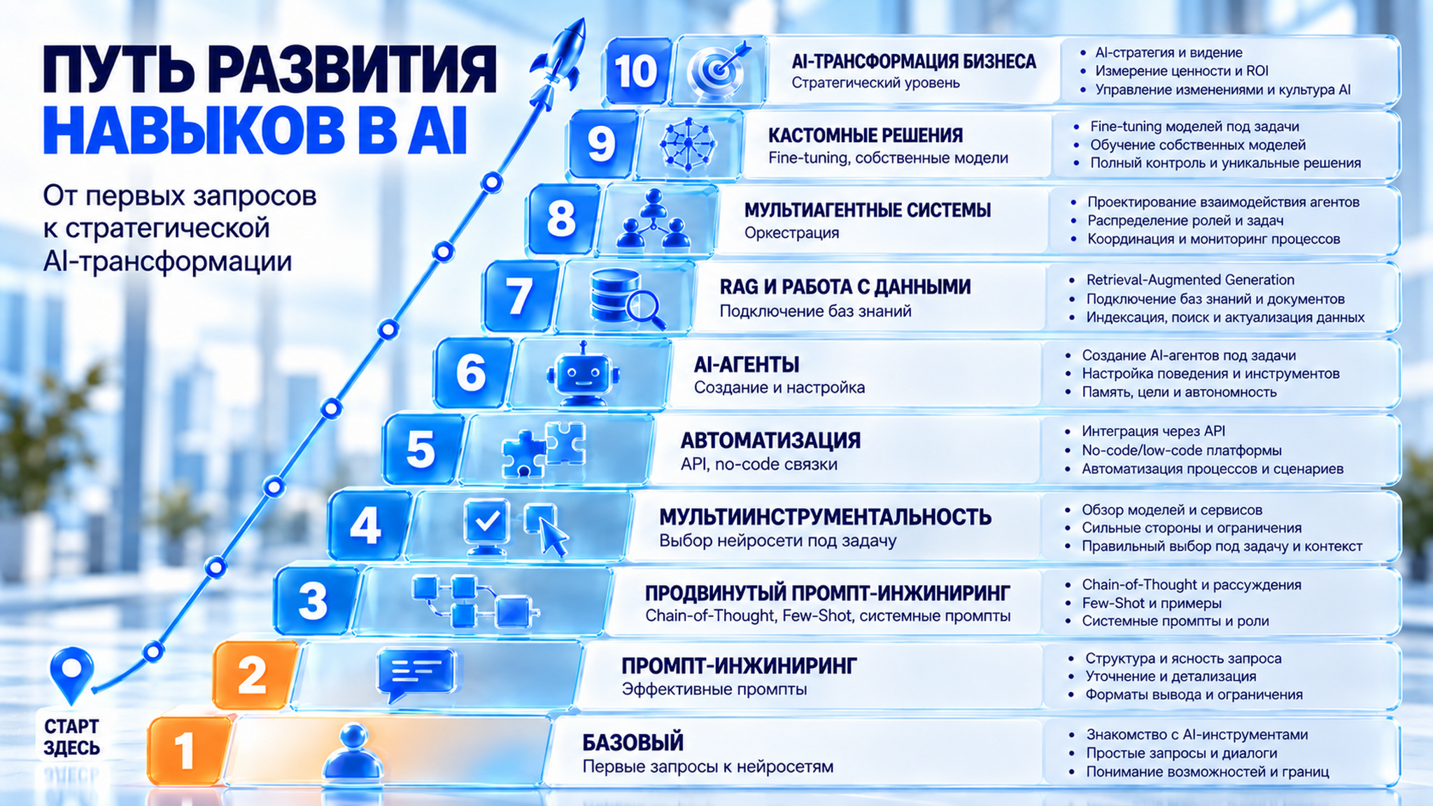 Путь развития навыков в AI: десять ступеней от первых запросов до стратегической AI-трансформации. Описания доступны при выборе уровня.
